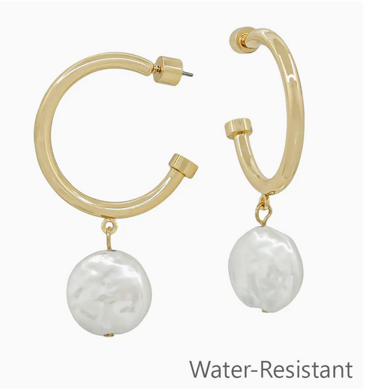 2" Gold Hoop with Flat Pearl Drop Earring