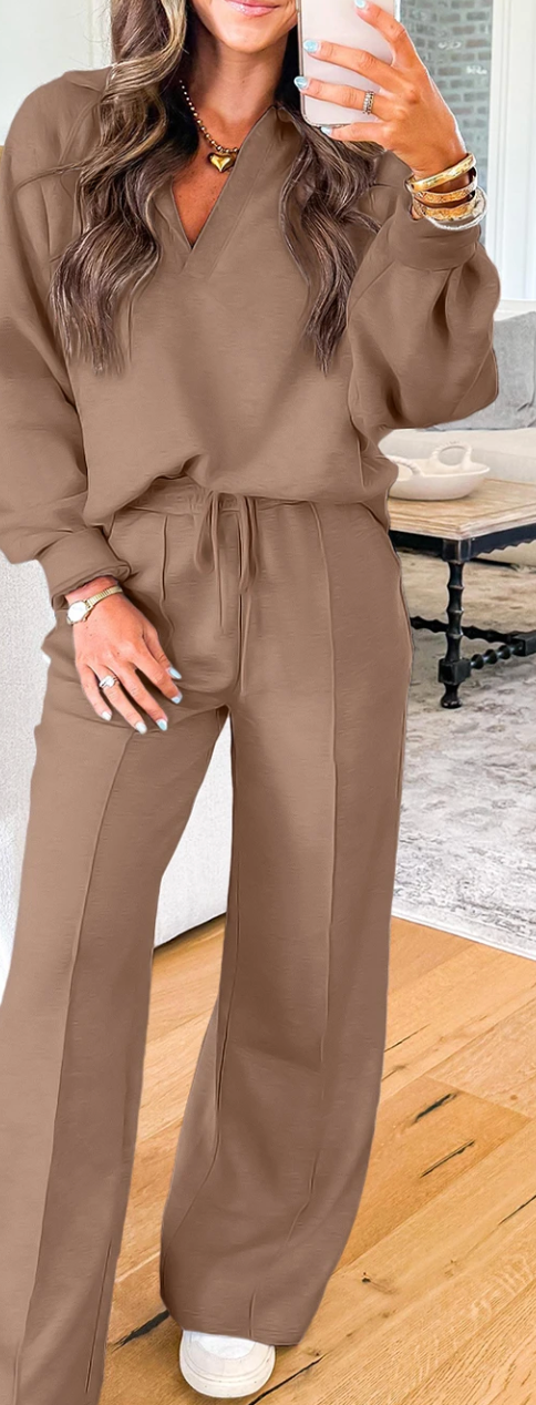 Collar V Neck Pullover and Pants Set
