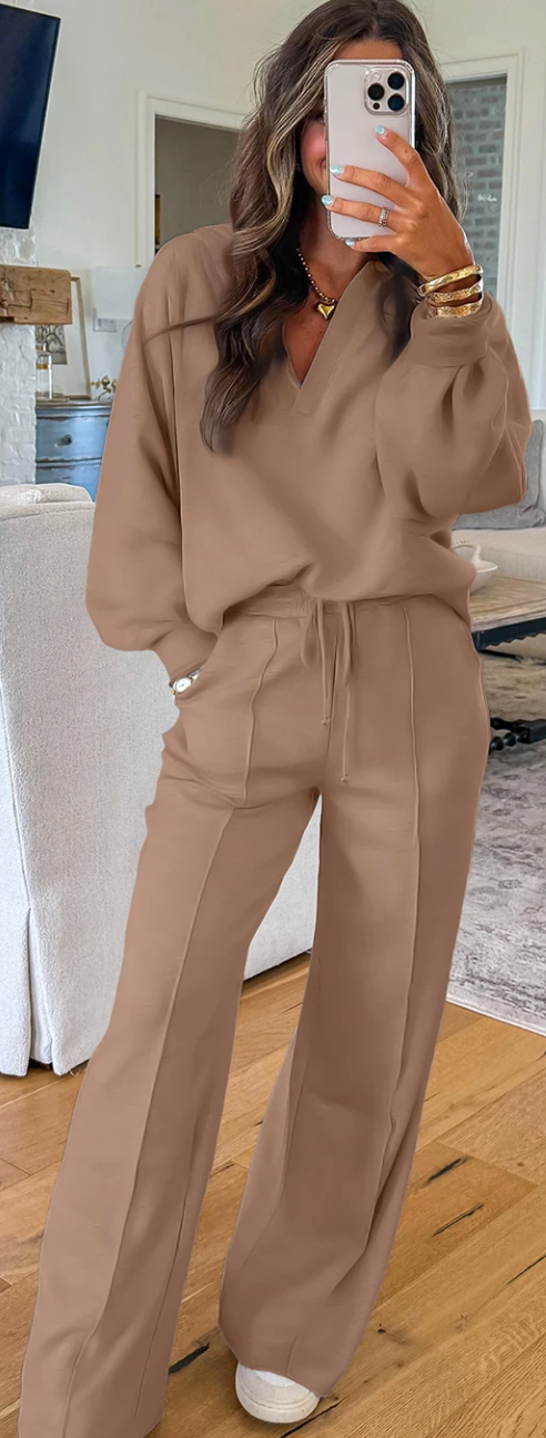 Collar V Neck Pullover and Pants Set