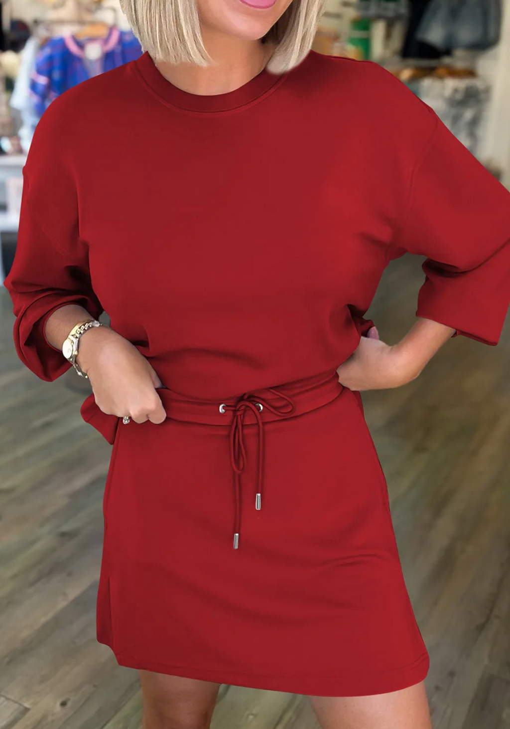 Racing Red Pullover Drawstring Mini Skirt 2pcs Set
