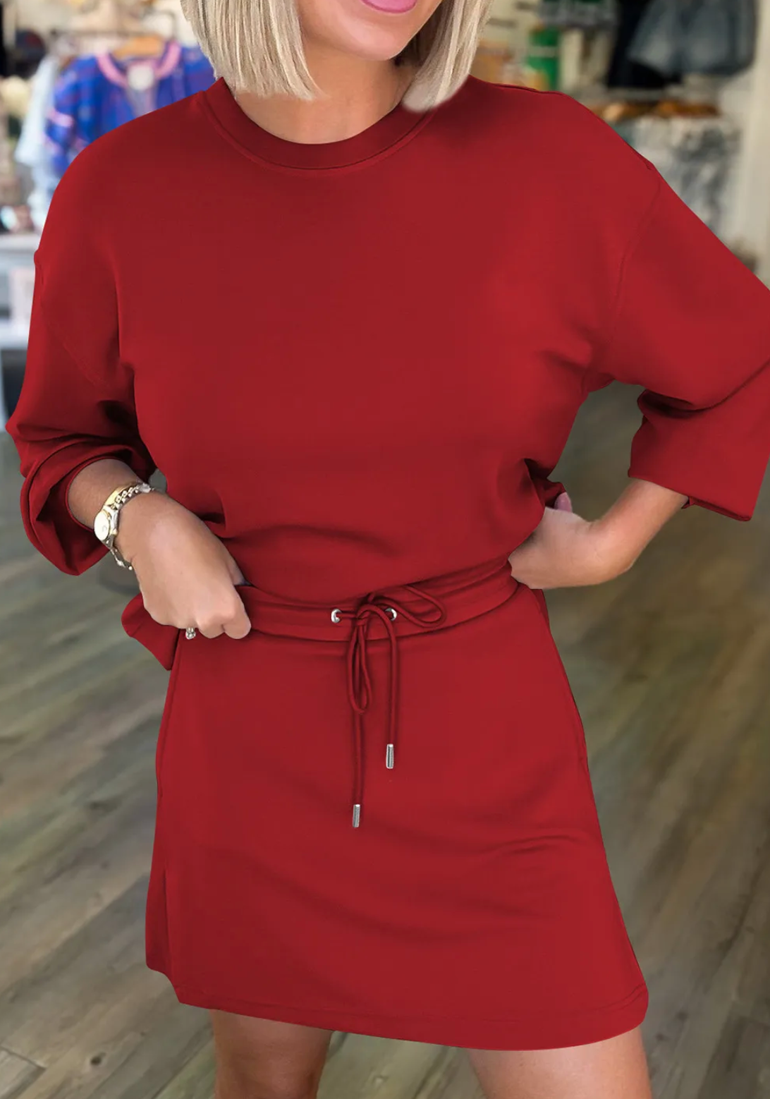 Racing Red Pullover Drawstring Mini Skirt 2pcs Set