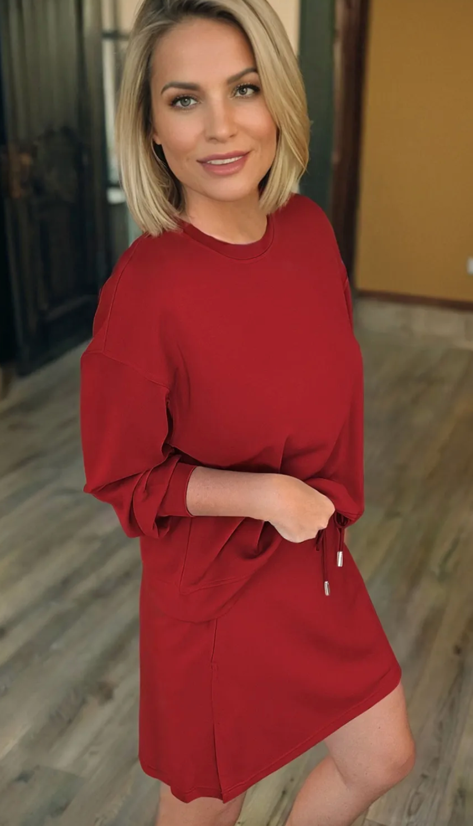 Racing Red Pullover Drawstring Mini Skirt 2pcs Set