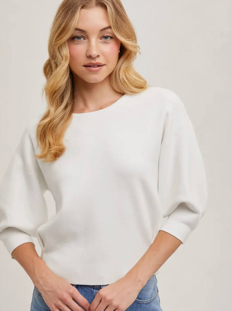 Puffed 3/4 Sleeved Knit Sweater-Ivory