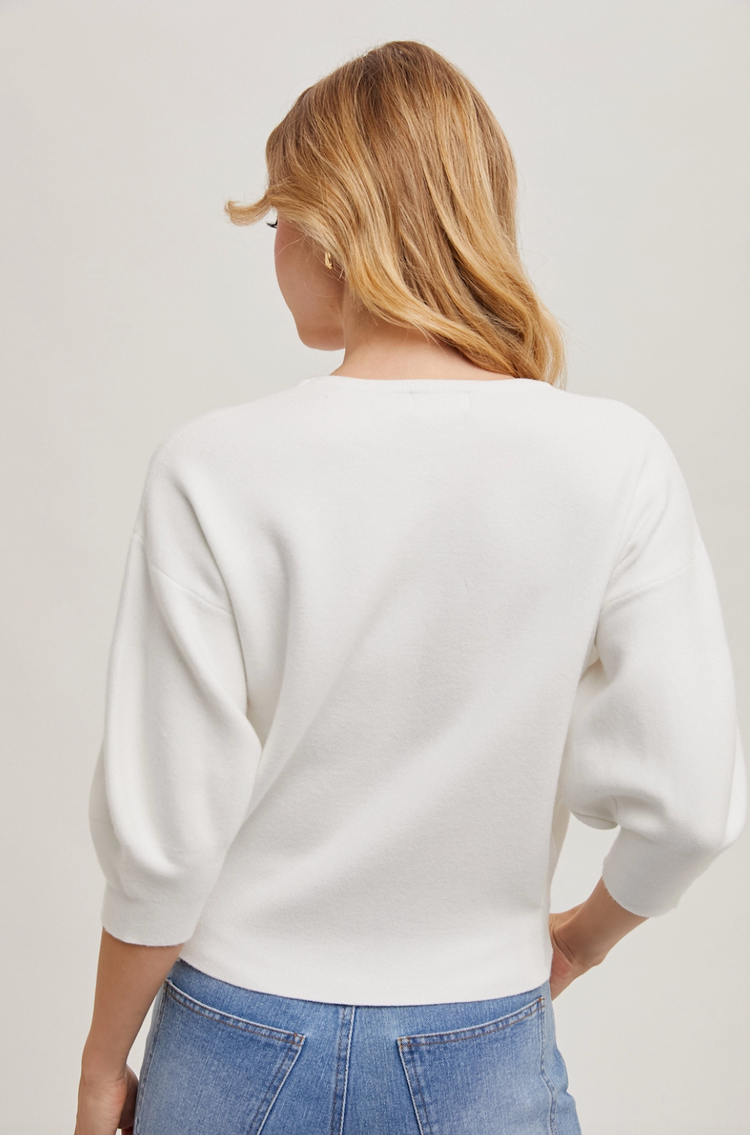 Puffed 3/4 Sleeved Knit Sweater-Ivory