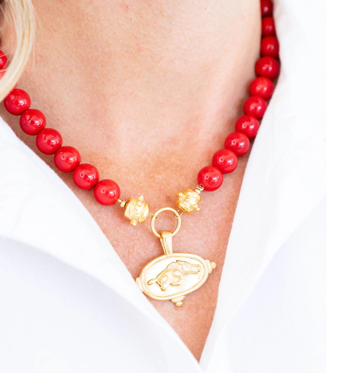 Wild Boar Intaglio On Red Coral Necklace