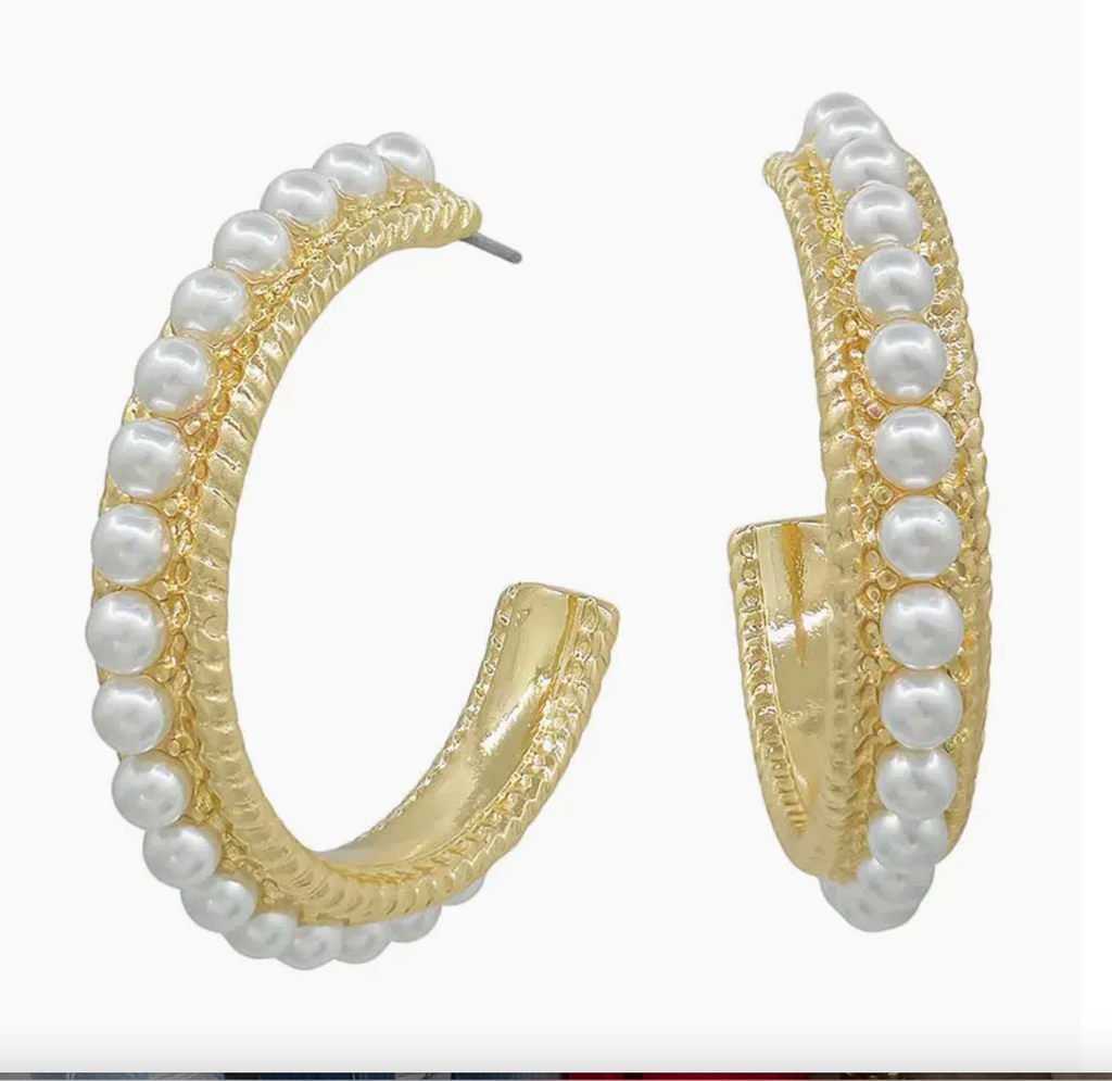 Gold Textured 1" Hoop with Pearl Accents
