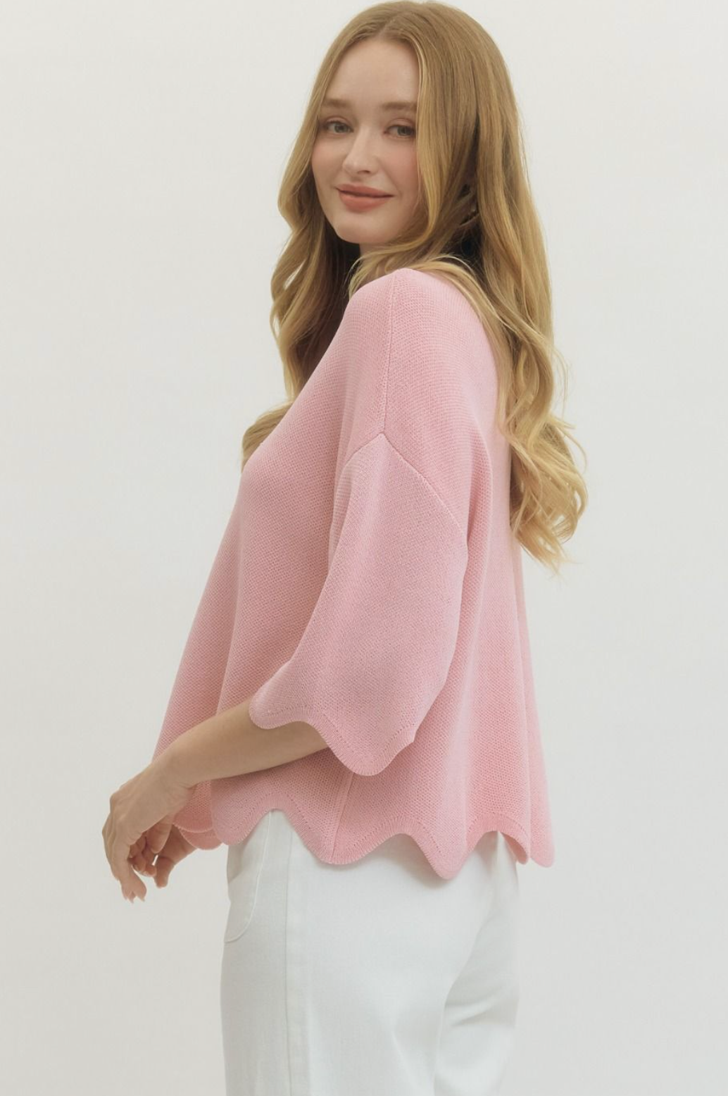 Scallop Knit 3/4 Sleeve Sweater