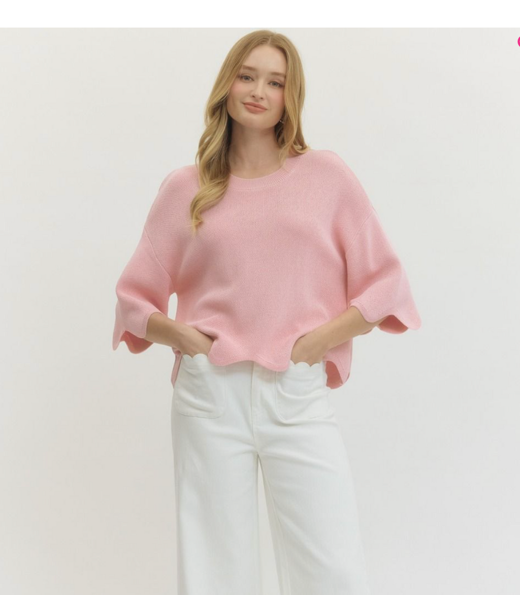 Scallop Knit 3/4 Sleeve Sweater
