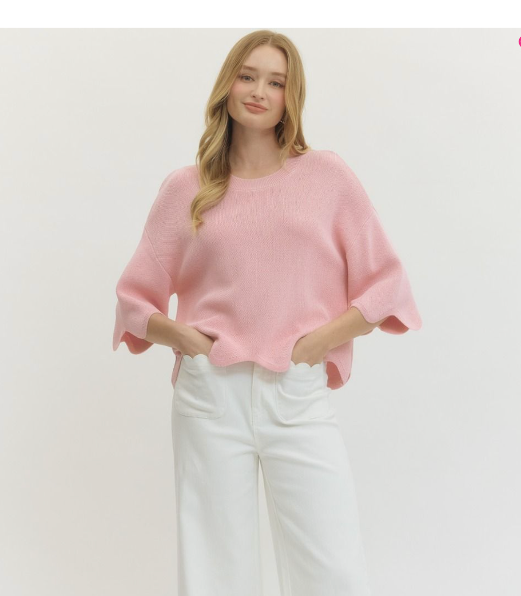 Scallop Knit 3/4 Sleeve Sweater