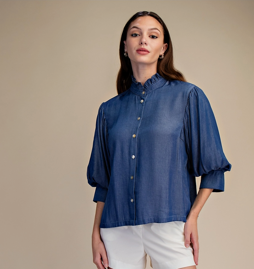 Ruffle Neck Puff Sleeve Blouse