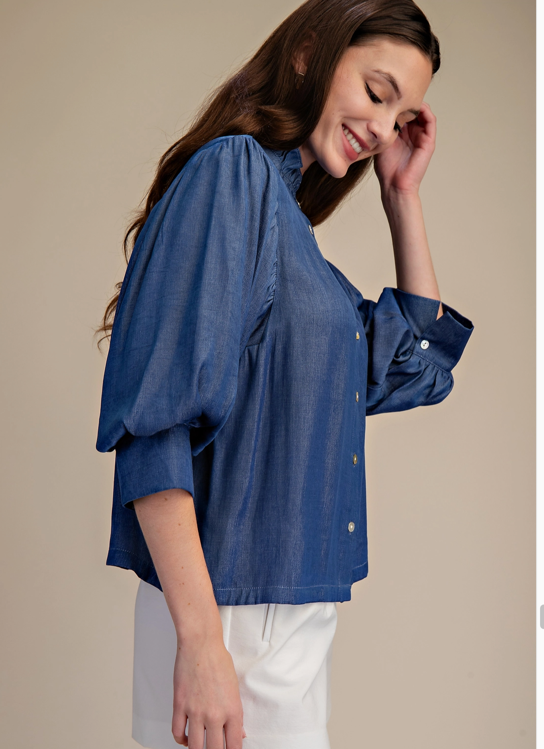Ruffle Neck Puff Sleeve Blouse