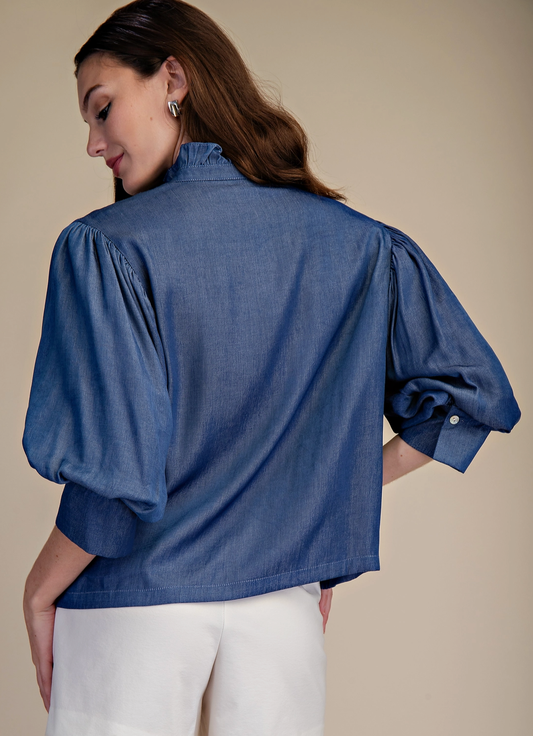 Ruffle Neck Puff Sleeve Blouse