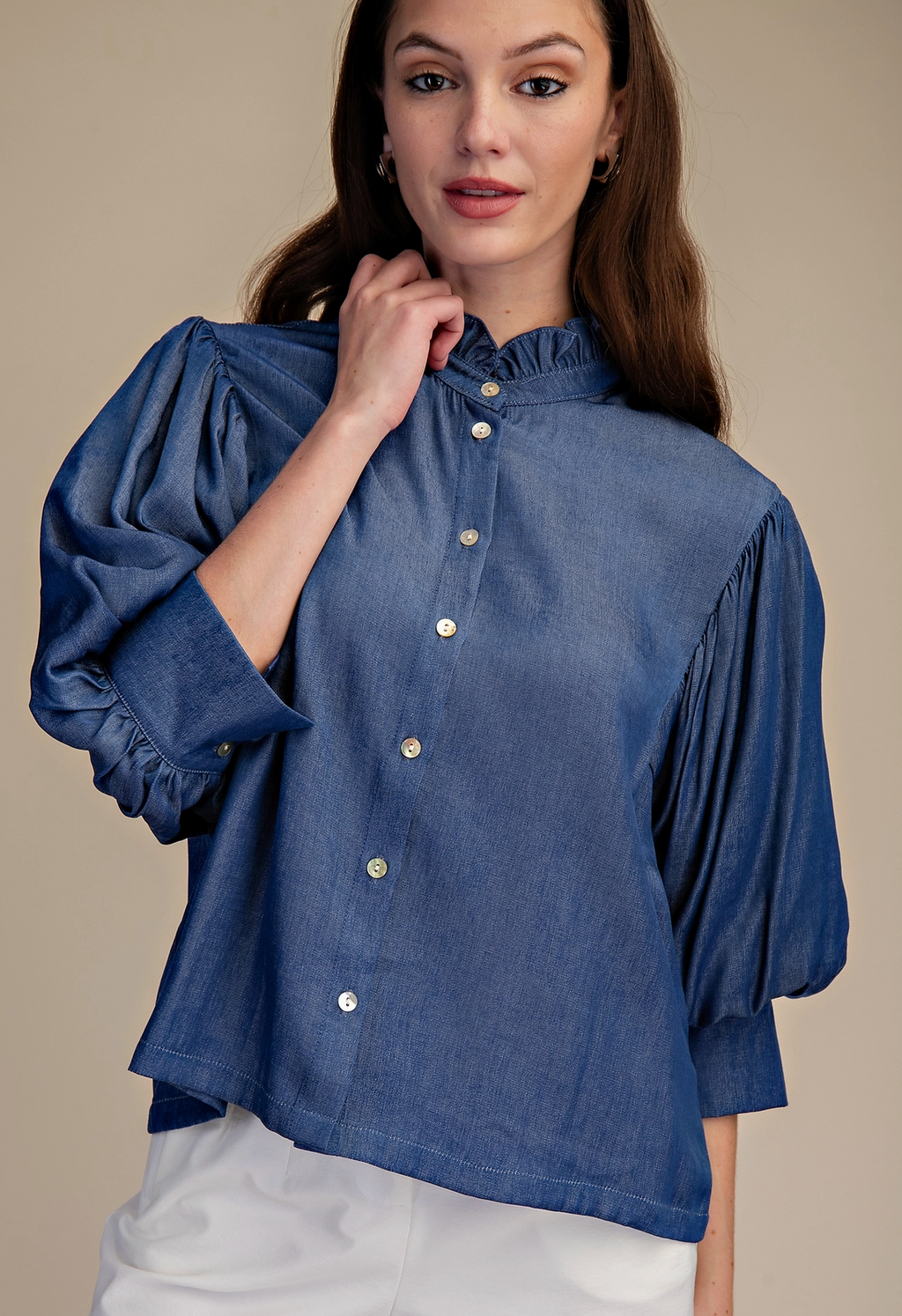 Ruffle Neck Puff Sleeve Blouse