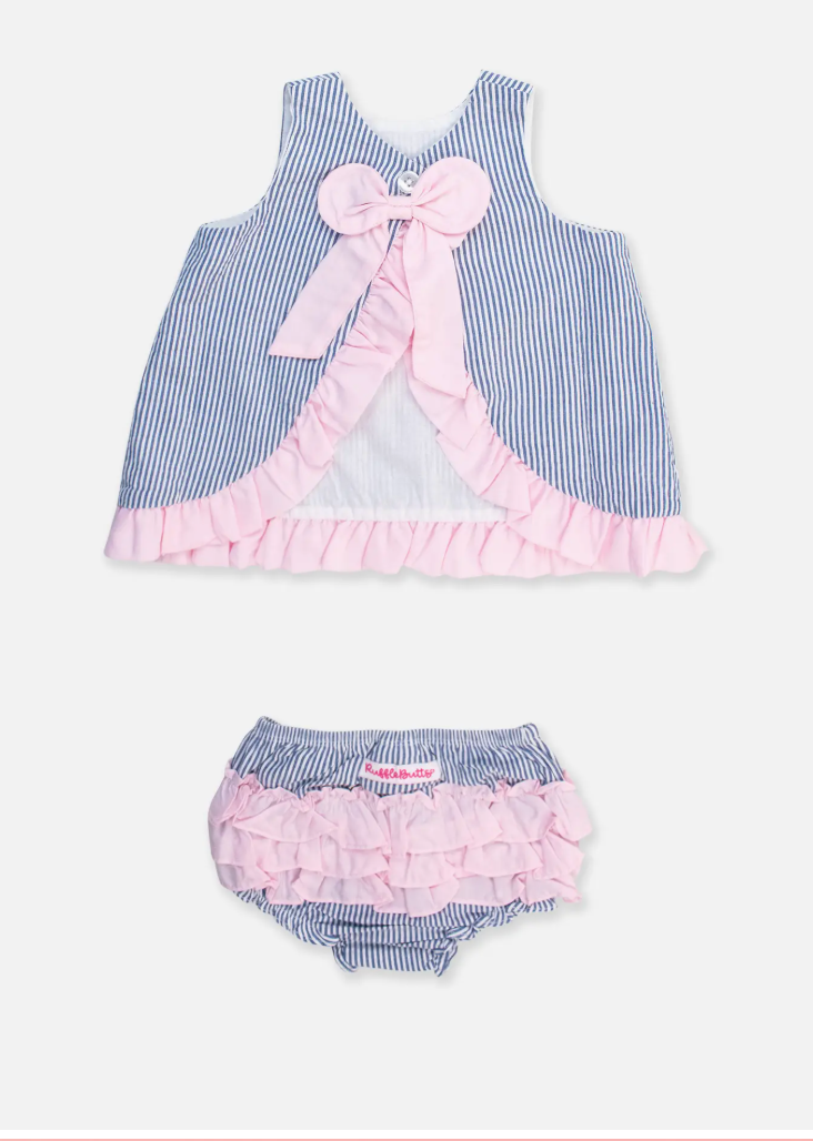 Blue Seersucker Ruffle Swing Top & Bloomer Set