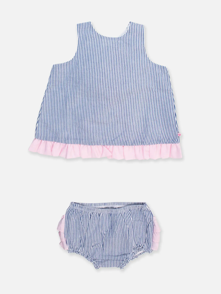 Blue Seersucker Ruffle Swing Top & Bloomer Set