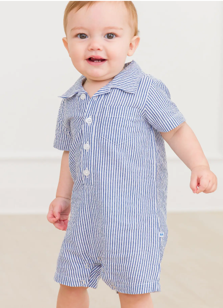Blue Seersucker Button-Up Romper