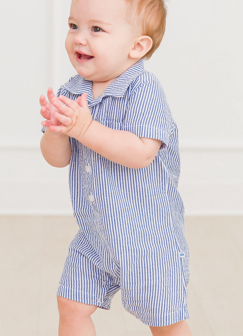 Blue Seersucker Button-Up Romper