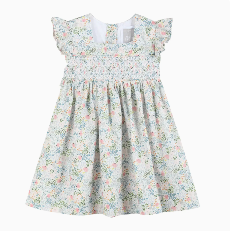 Pink Floral Print Smocked Flutter Dress