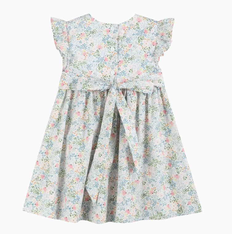 Pink Floral Print Smocked Flutter Dress