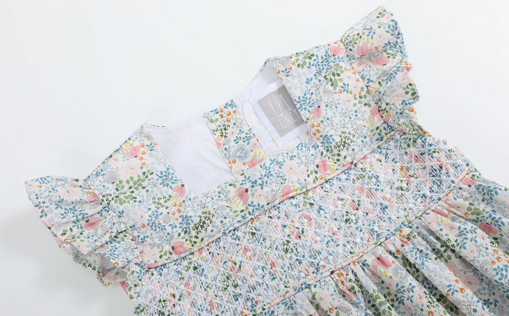 Pink Floral Print Smocked Flutter Dress