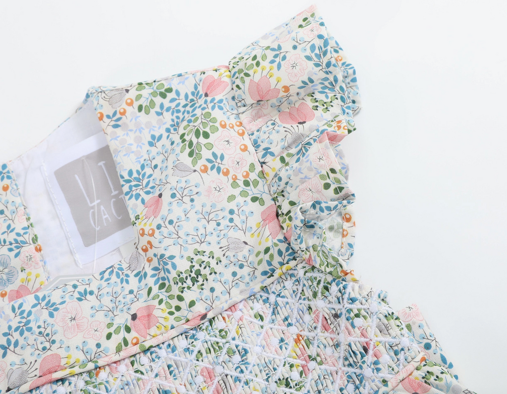 Pink Floral Print Smocked Flutter Dress