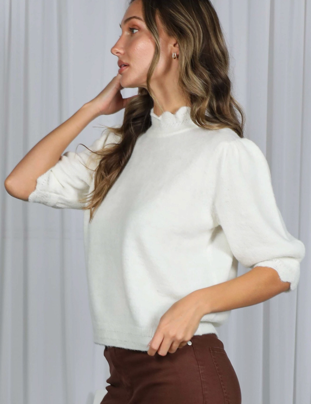 Scalloped Edge Sweater-Cream