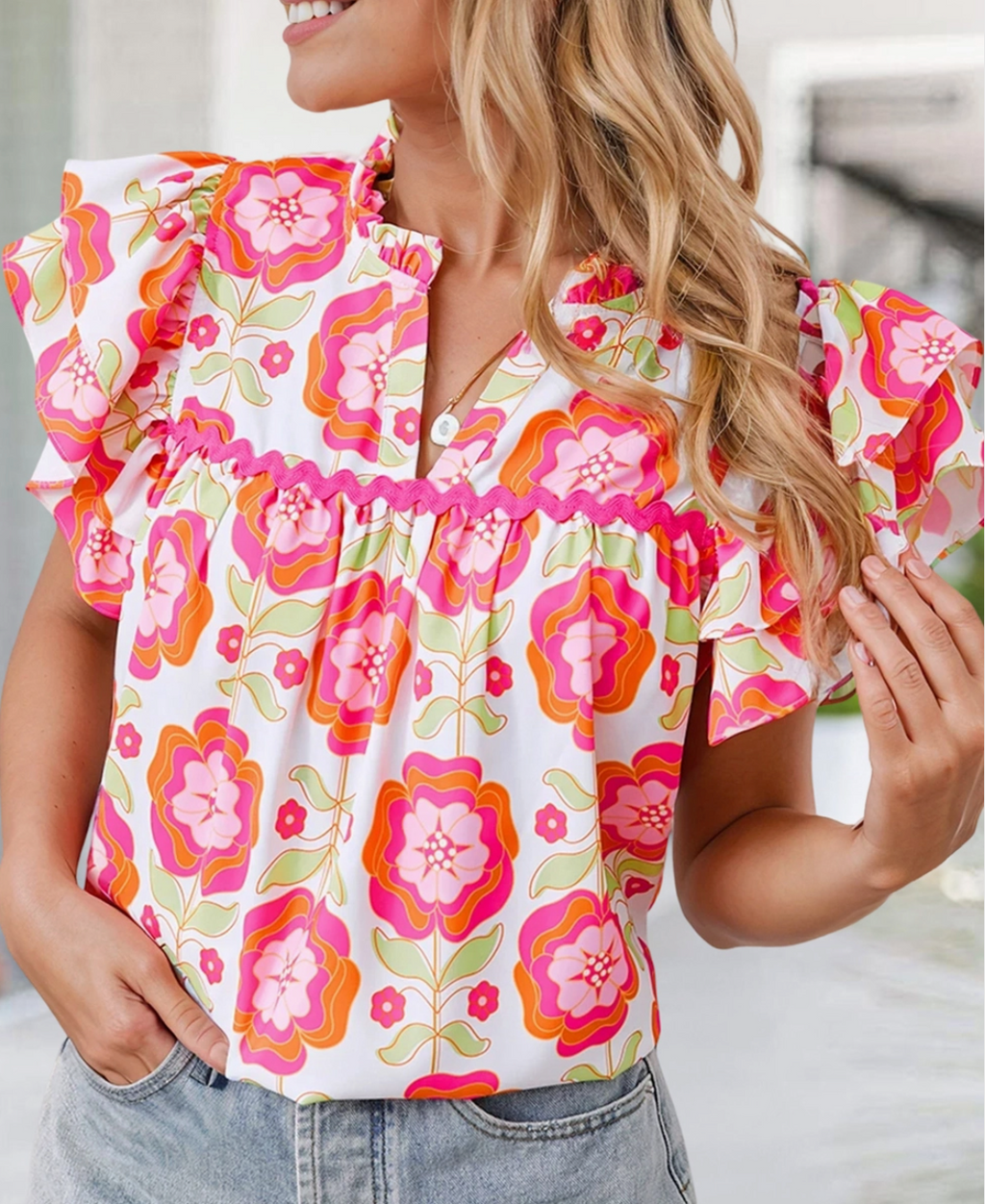 Floral Ruffled Sleeve Ric-Rac Trim Shift Blouse