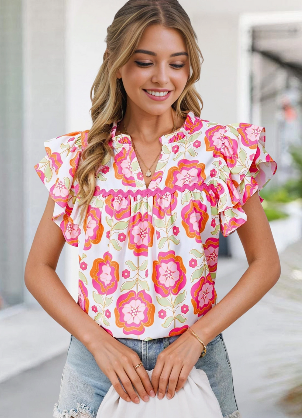 Floral Ruffled Sleeve Ric-Rac Trim Shift Blouse