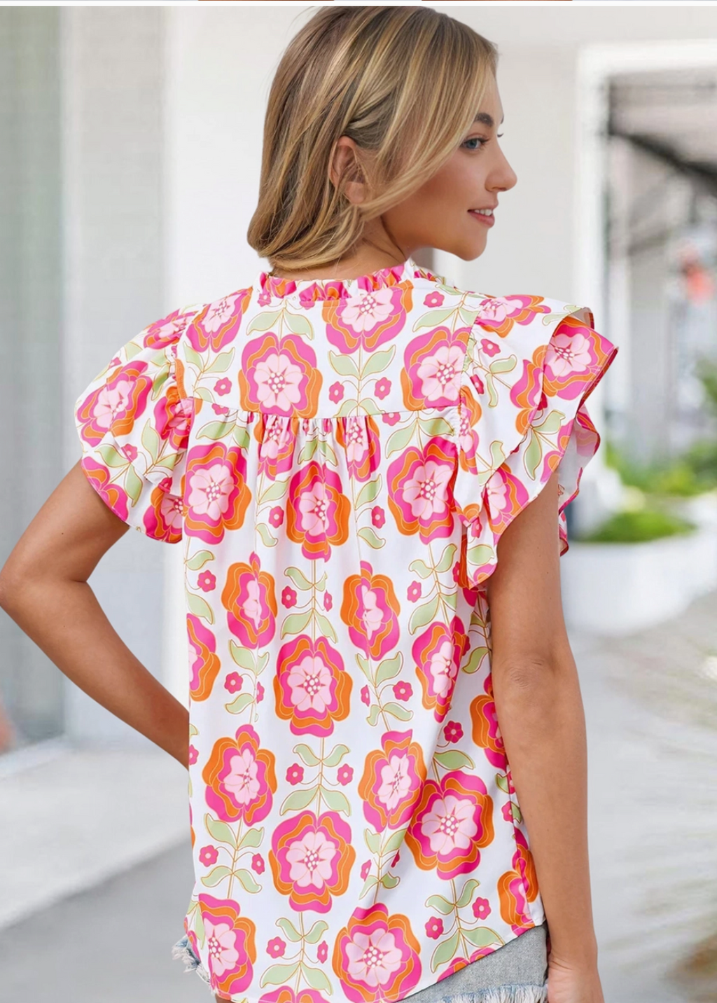 Floral Ruffled Sleeve Ric-Rac Trim Shift Blouse