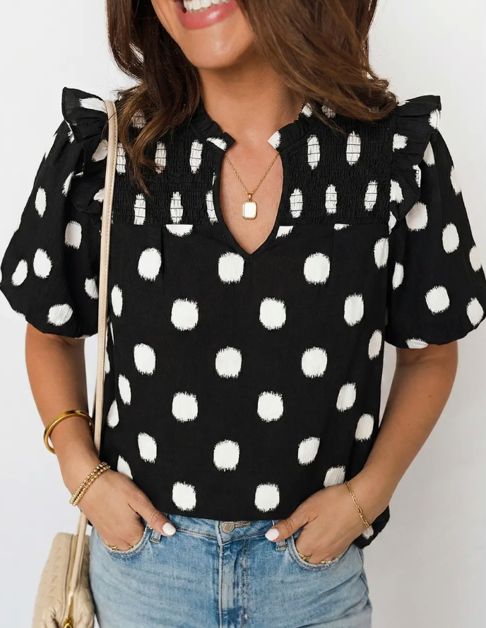 Polka Dot Shirred V Neck Balloon Sleeve Blouse
