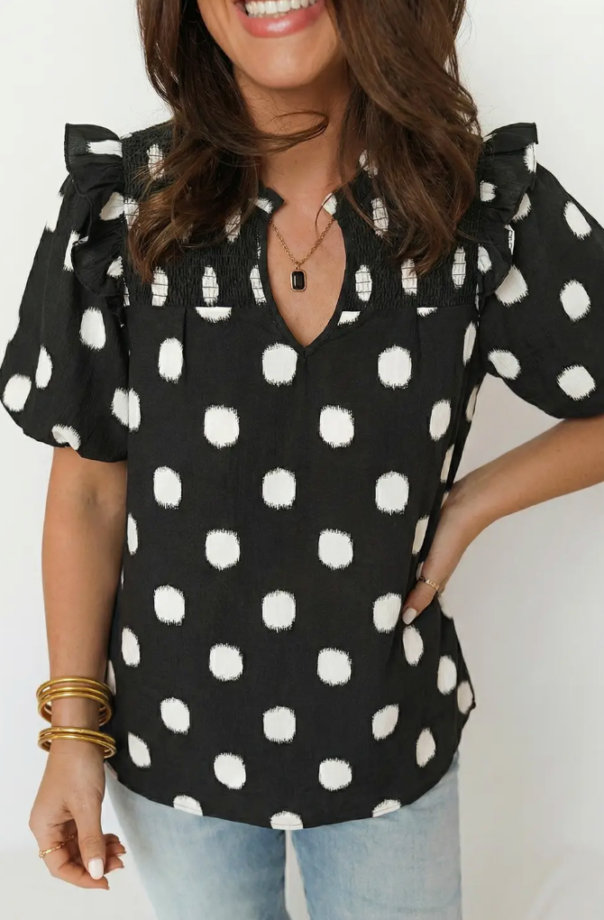 Polka Dot Shirred V Neck Balloon Sleeve Blouse