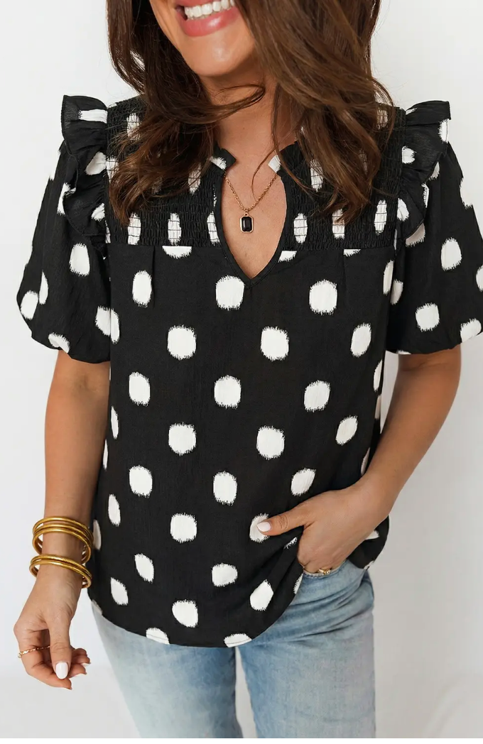 Polka Dot Shirred V Neck Balloon Sleeve Blouse