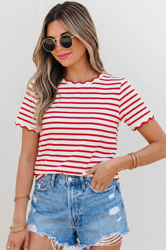 Stripe Scalloped Trim Round Neck T Shirt