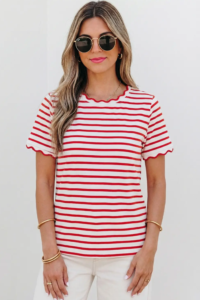 Stripe Scalloped Trim Round Neck T Shirt