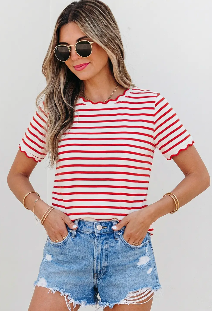 Stripe Scalloped Trim Round Neck T Shirt