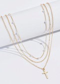 Plated Cross Pendant Pearl Triple Layer Chain Necklace