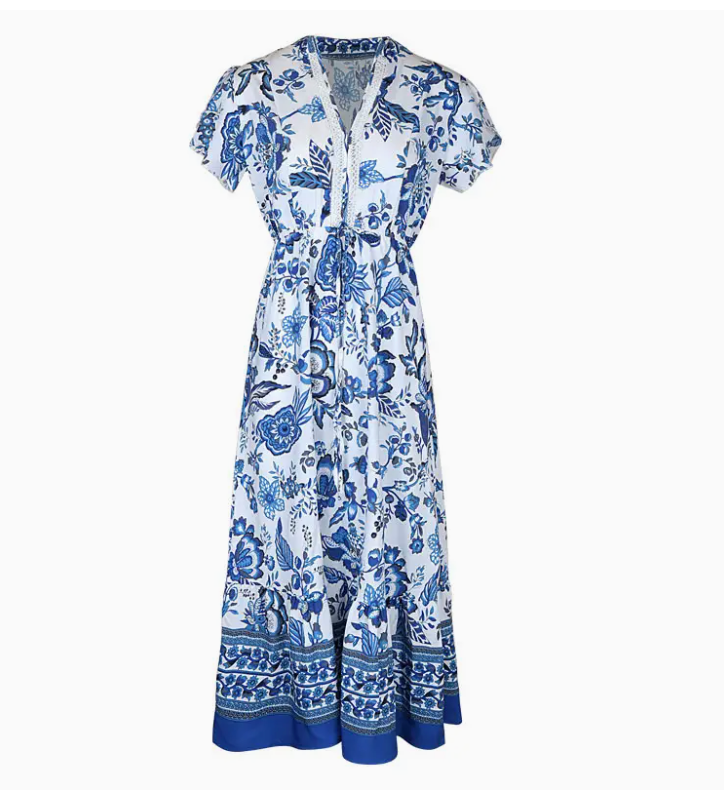 V-Neck Casual Ethnic Print Short-Sleeved Maxi Dress