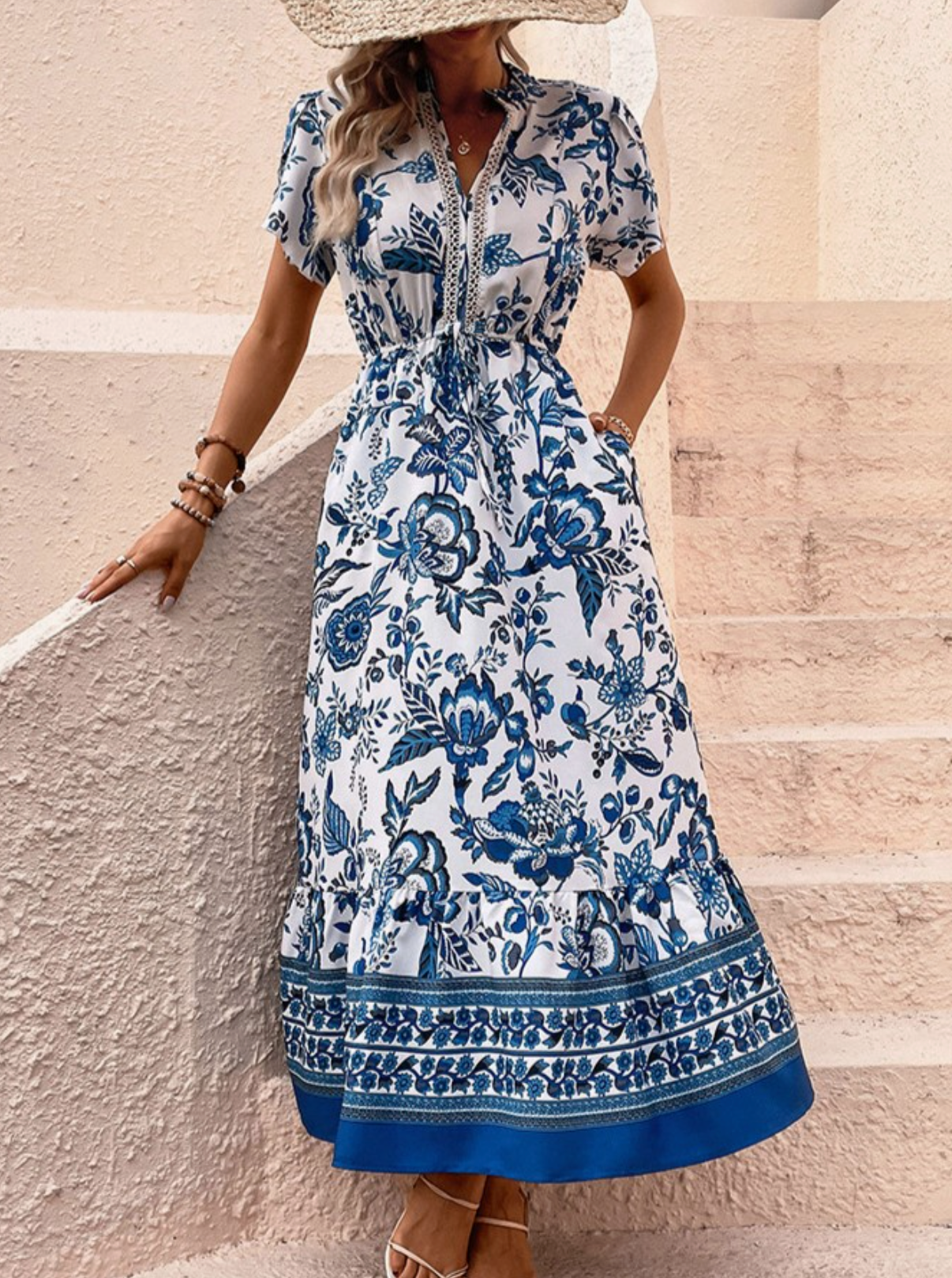 V-Neck Casual Ethnic Print Short-Sleeved Maxi Dress