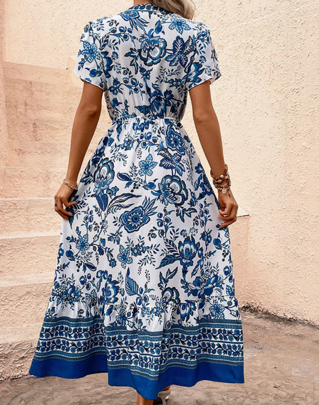 V-Neck Casual Ethnic Print Short-Sleeved Maxi Dress