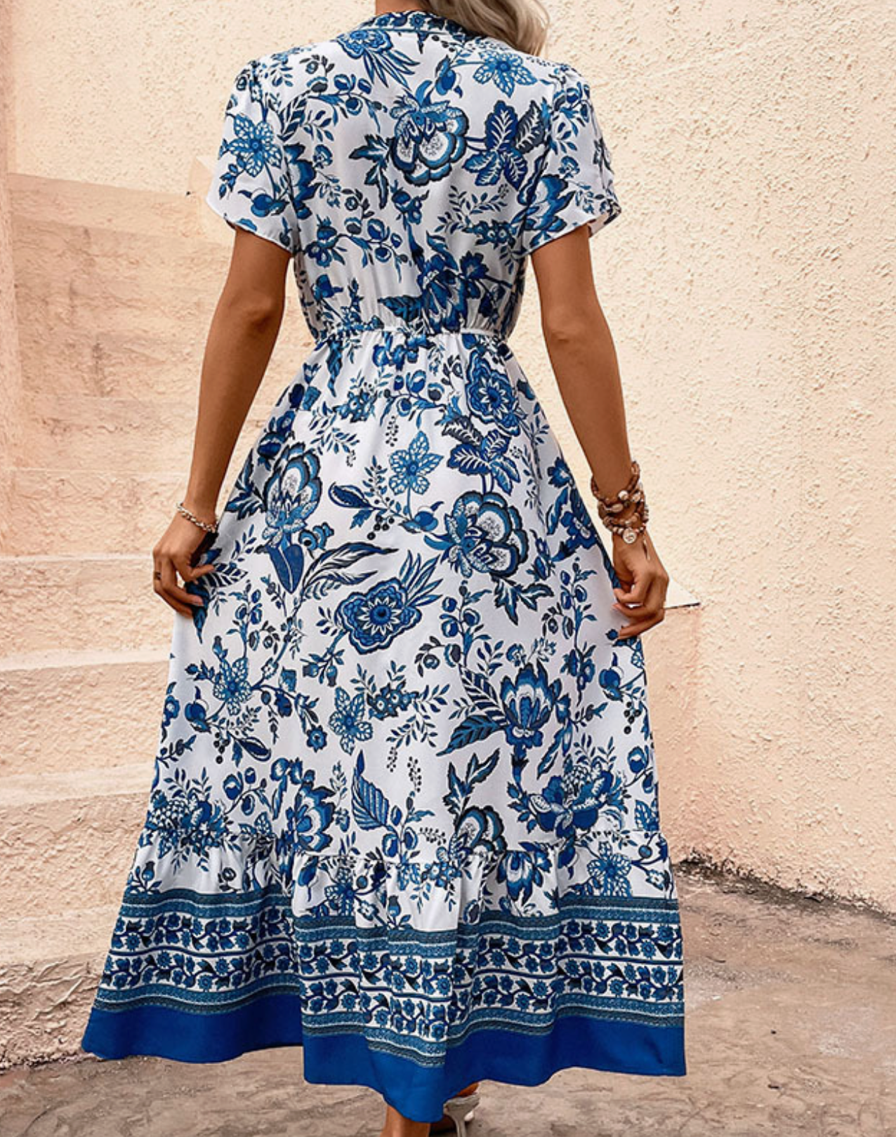 V-Neck Casual Ethnic Print Short-Sleeved Maxi Dress