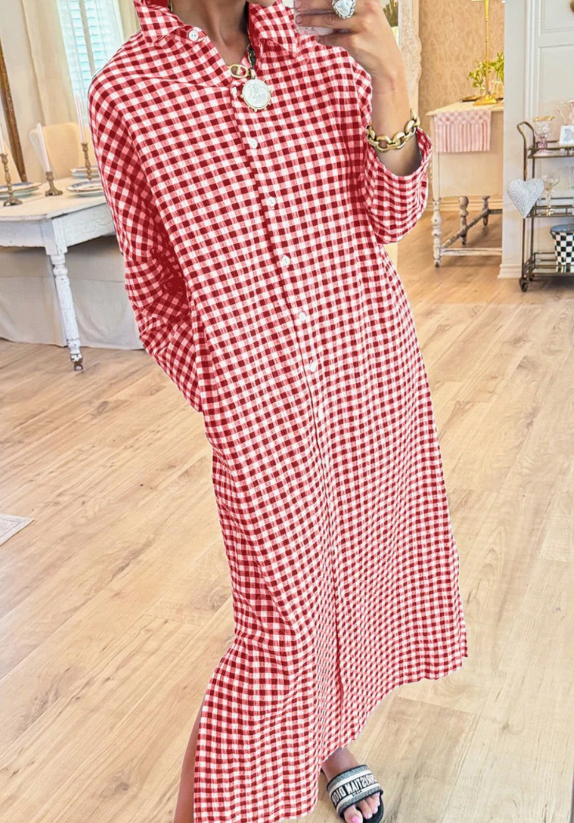 Gingham Long Maxi Shirt Dress Long Sleeved Dress