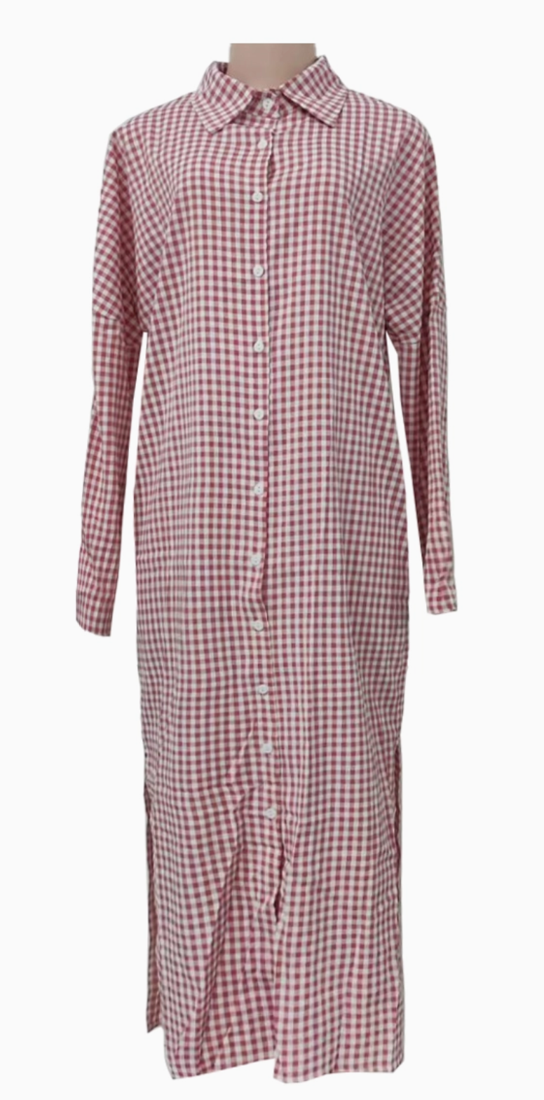 Gingham Long Maxi Shirt Dress Long Sleeved Dress