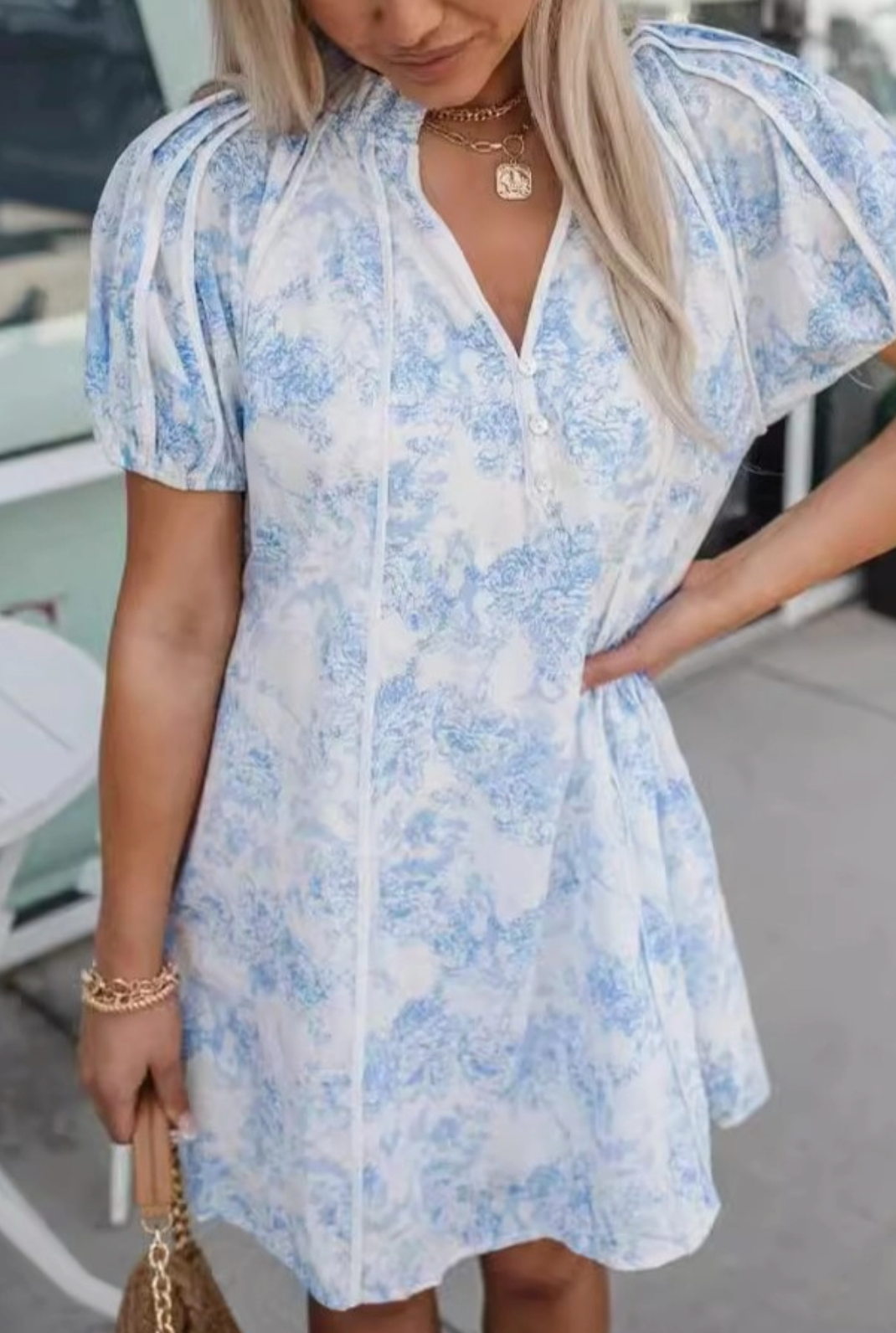 Floral Toile Print Panelled Puff Sleeve Babydoll Dress