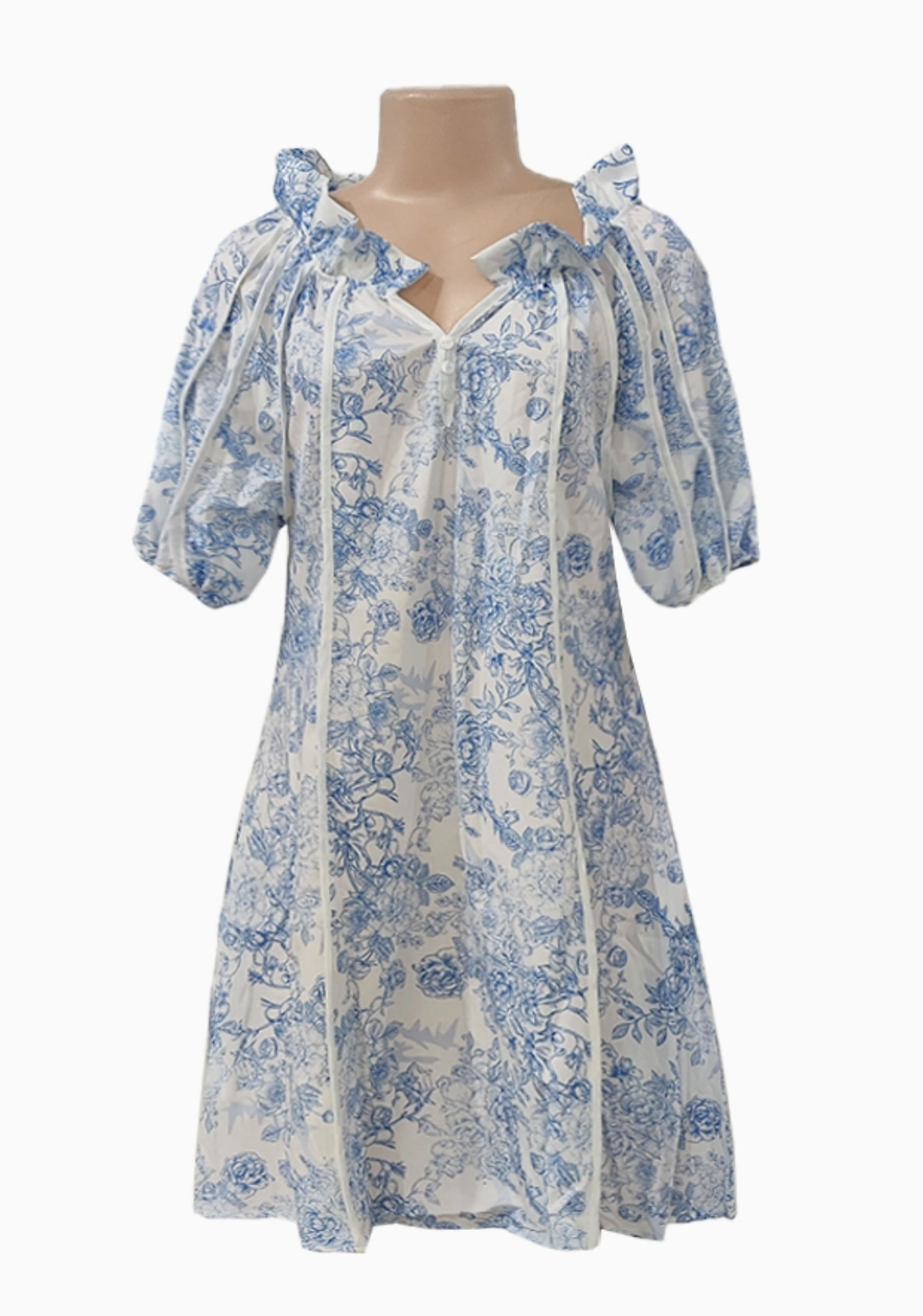 Floral Toile Print Panelled Puff Sleeve Babydoll Dress