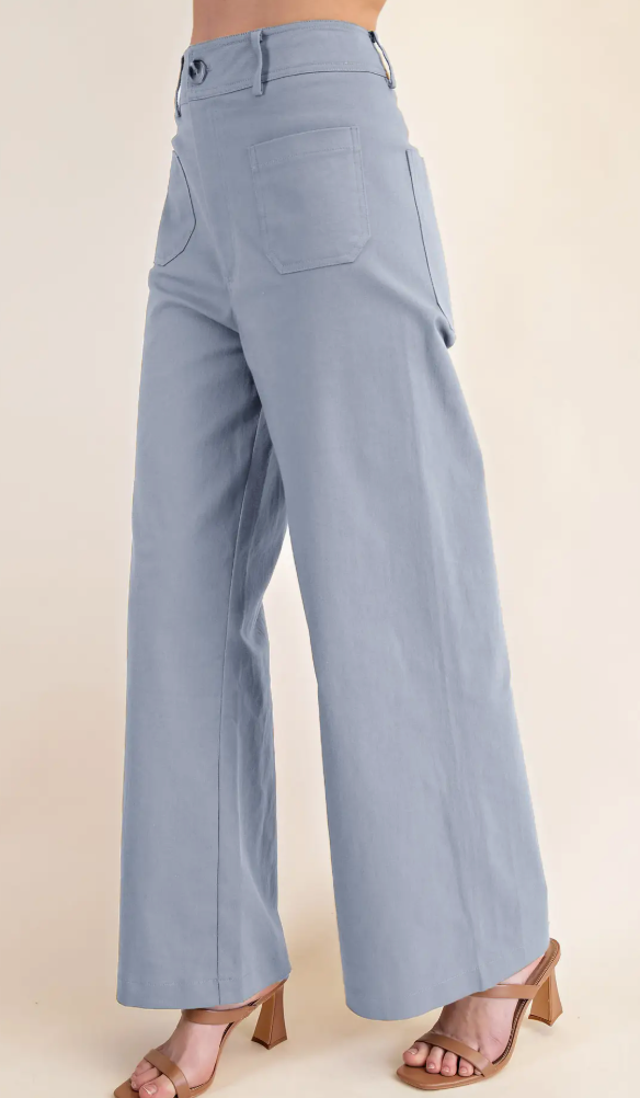 High Waist Wide Leg Pocket Pants -Blue
