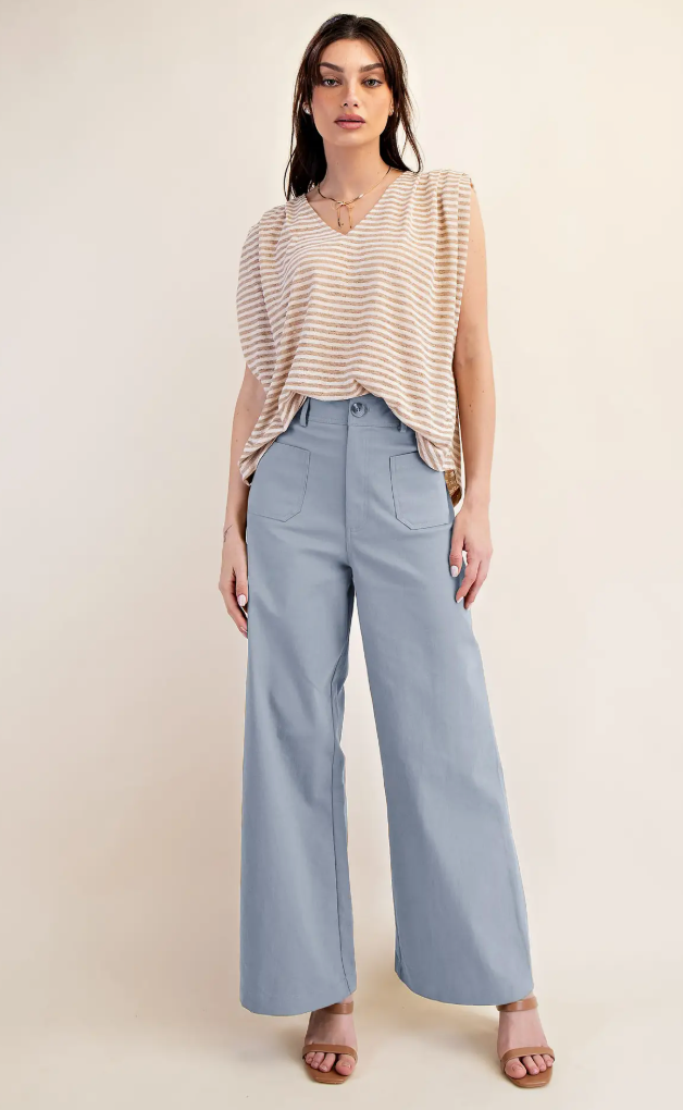 High Waist Wide Leg Pocket Pants -Blue