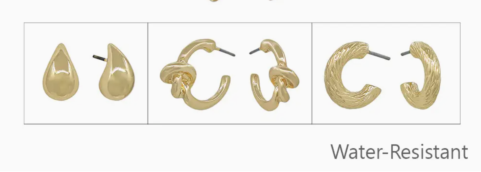 Set of 3 Gold Huggie Hoops, Teardrop .5" Stud Earrings