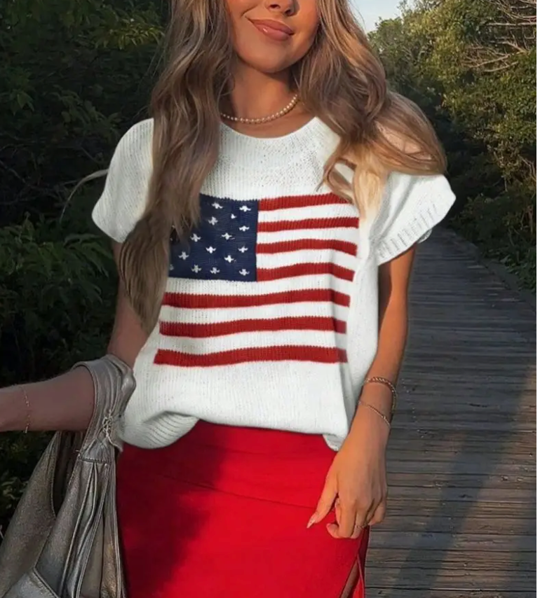 Cap Sleeve American Flag Knit Top