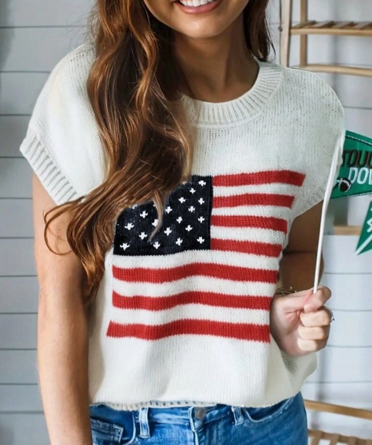 Cap Sleeve American Flag Knit Top