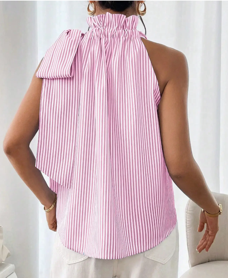 Striped High Collar Tied Sleeveless Top